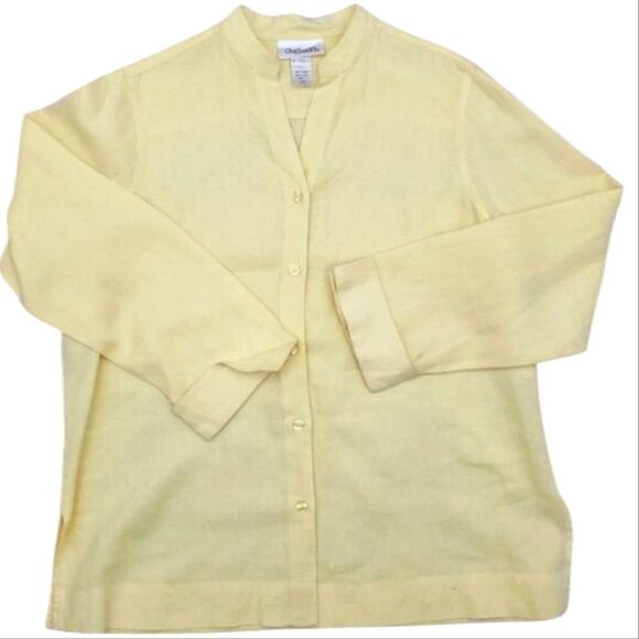 Chadwicks Band Collar Long Sleeve Button Up 100% Linen Blouse Yellow Size Large - Picture 2 of 12